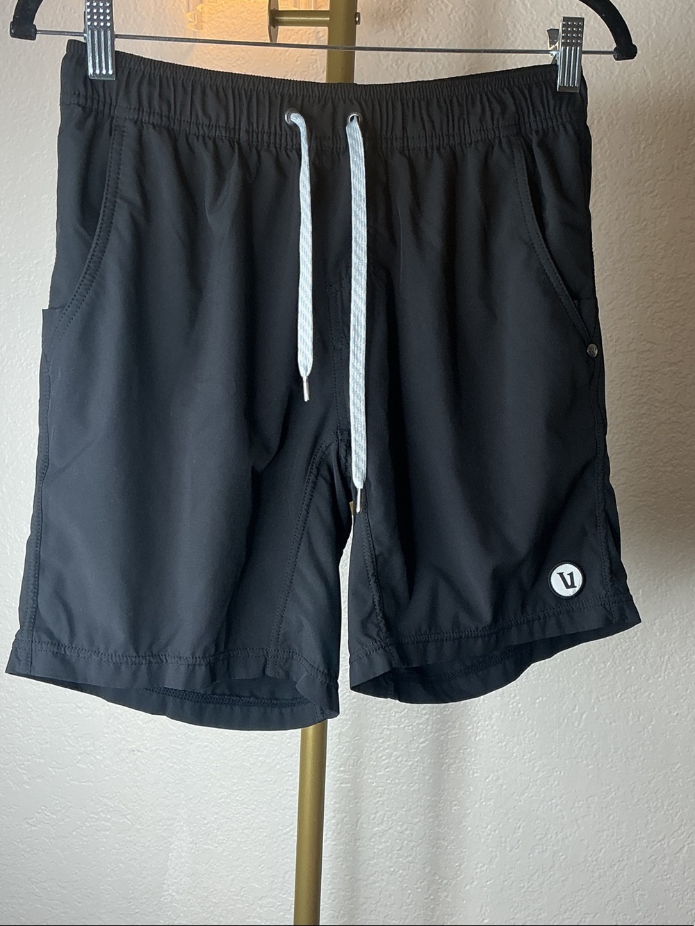 Vuori Black Atheletic Shorts with White Drawstring and Hem Logo